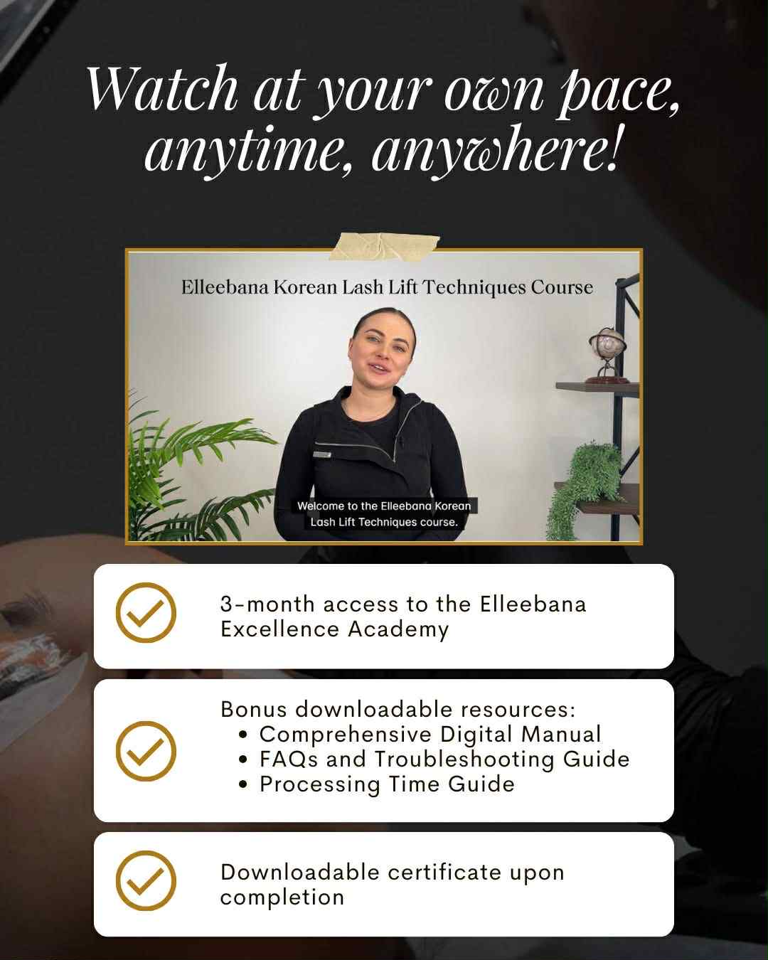 Elleebana Korean Lash Lift technique course with CE CEU hours info
