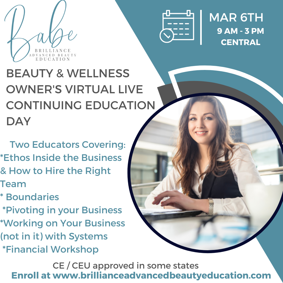 Virtual Live Education day for owners, entrepreneurs, independent contracts and solo technicians that are barbers, cosmetologists, estheticians, nail technicians, massage therapists, beauty educators. This is a CE / CEU approved course.